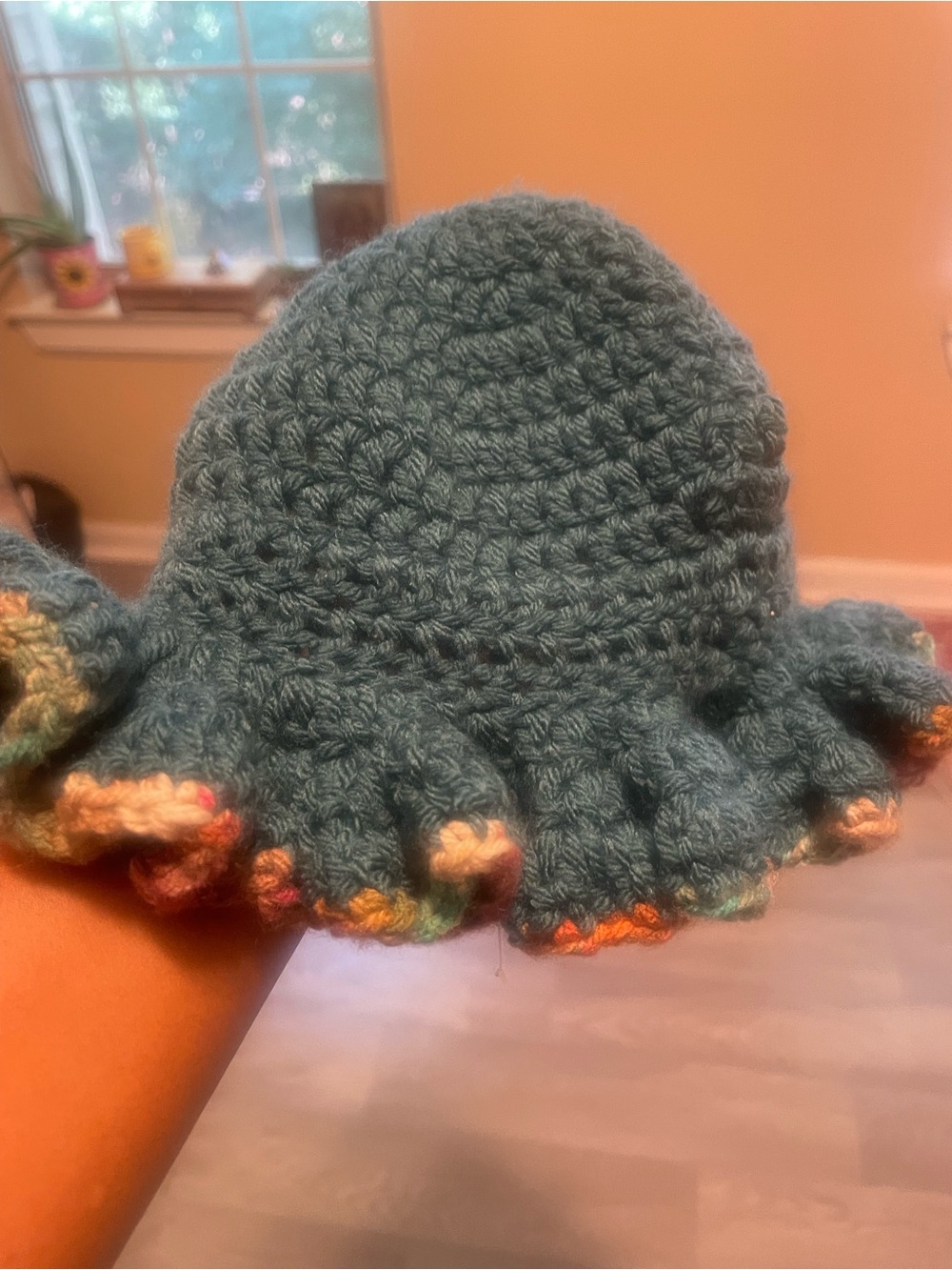 Hand-Crocheted Teal Ruffle Beanie Hat with Multicolor Trim